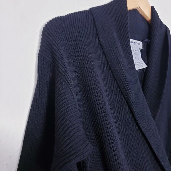 Sonia Rykiel Black Ribbed Wool Blend Knit Floral Ruffled Wrap Cardigan Sweater - Picture 4 of 13